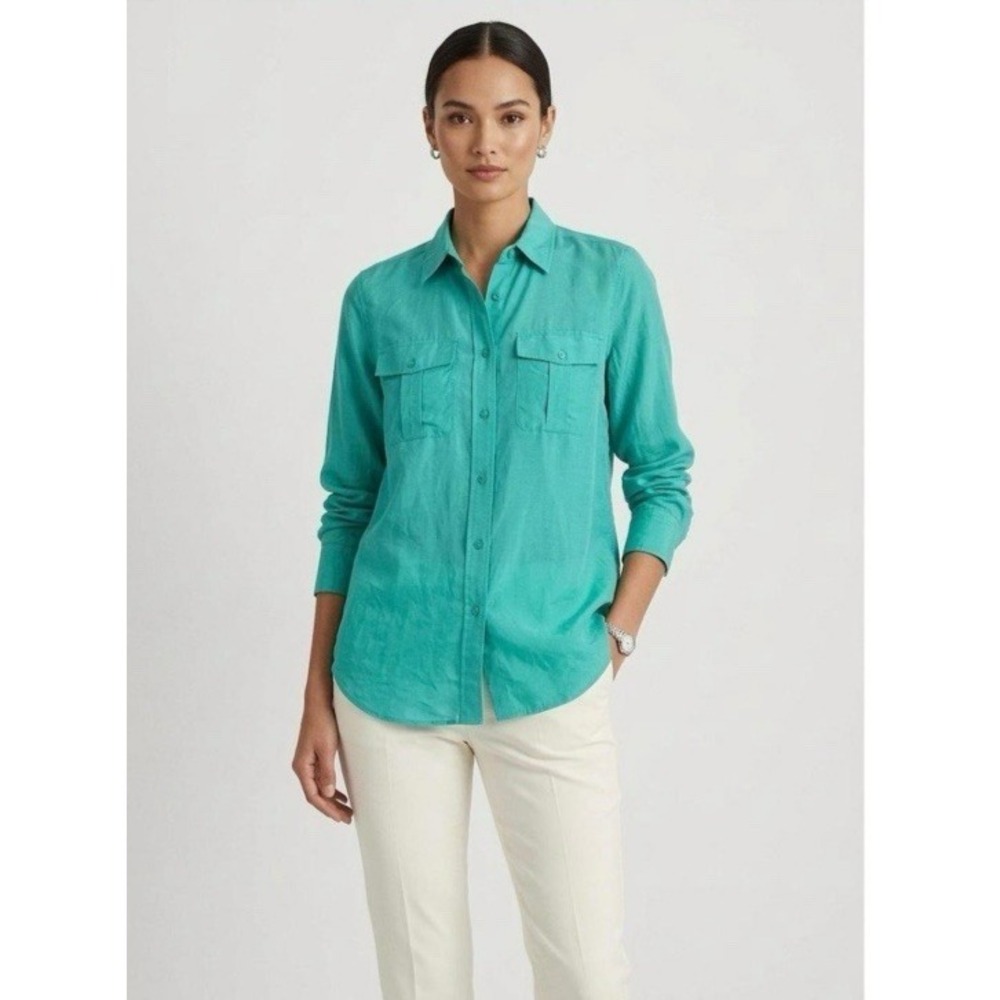 Lauren Ralph Lauren  Silk Blend Button Up Long Sleeve Shirt Teal XL Quiet Luxury